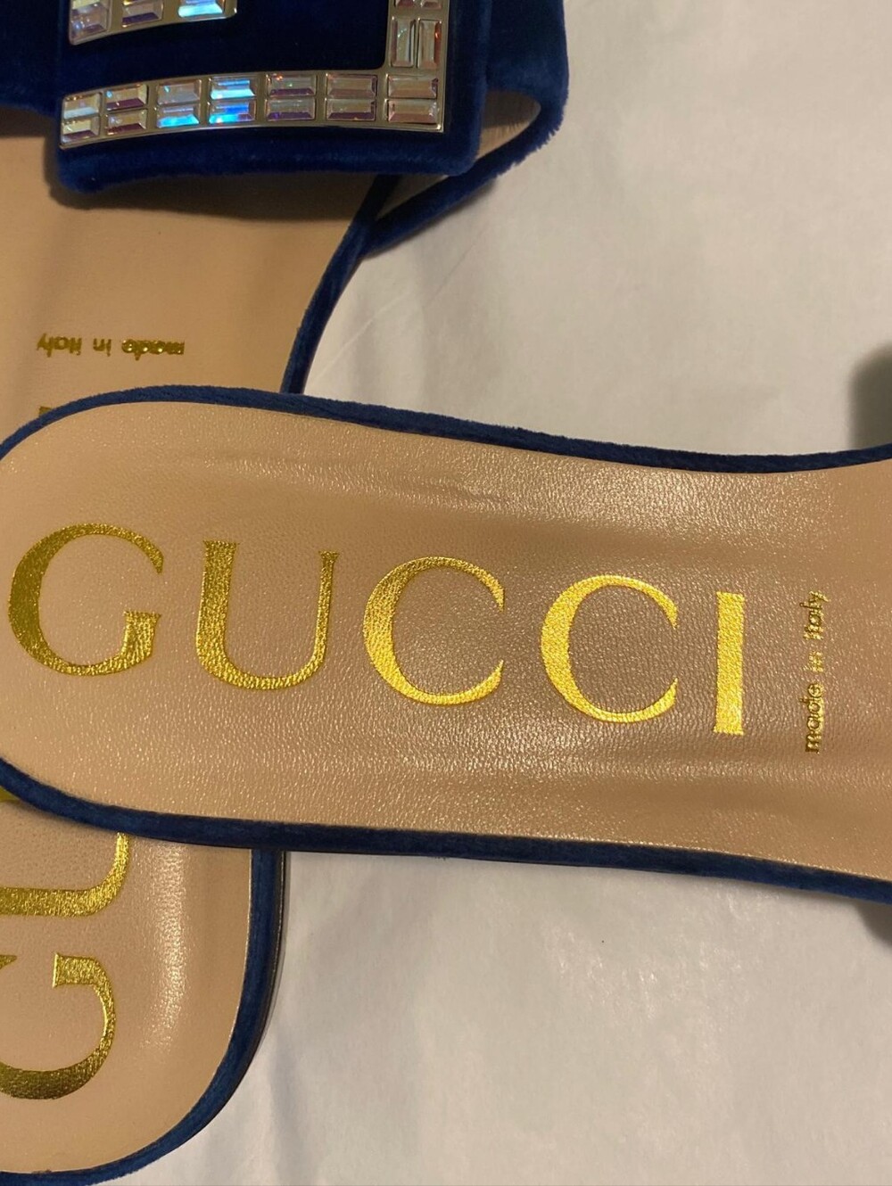 Gucci Madelyn Cobalt Blue Velvet Crystal G Slide Sandals Size 39 EUR US 9 - Picture 11 of 12